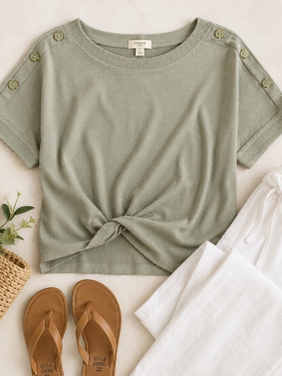 Melissa Paige Tops - Melissa Paige Sage Green Button-Shoulder Short Sleeve Sweater